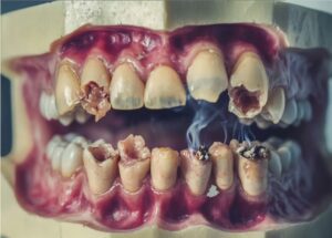 Close-up model showing advanced gum disease and tooth decay, illustrating the effects of poor oral hygiene and missed dental cleanings.