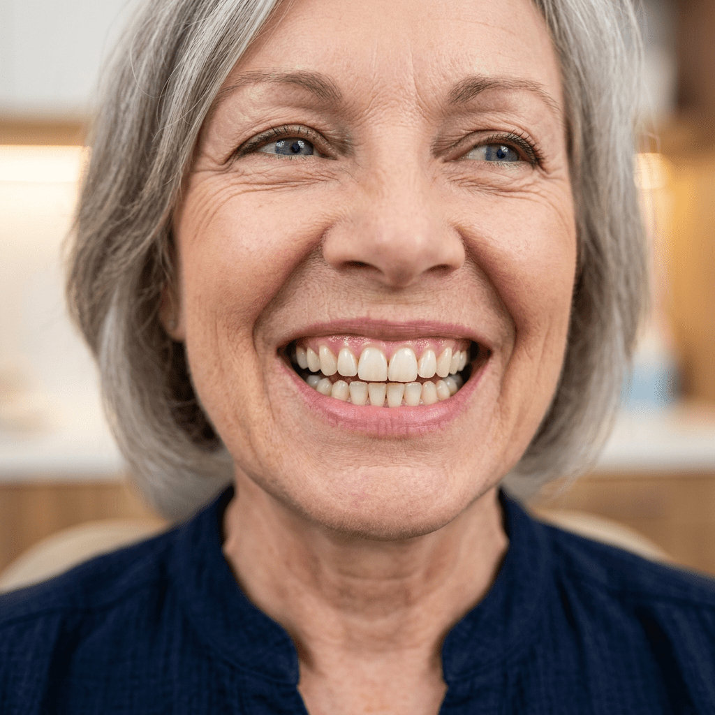 A close-up of a senior person with a healthy and natural-looking smile.