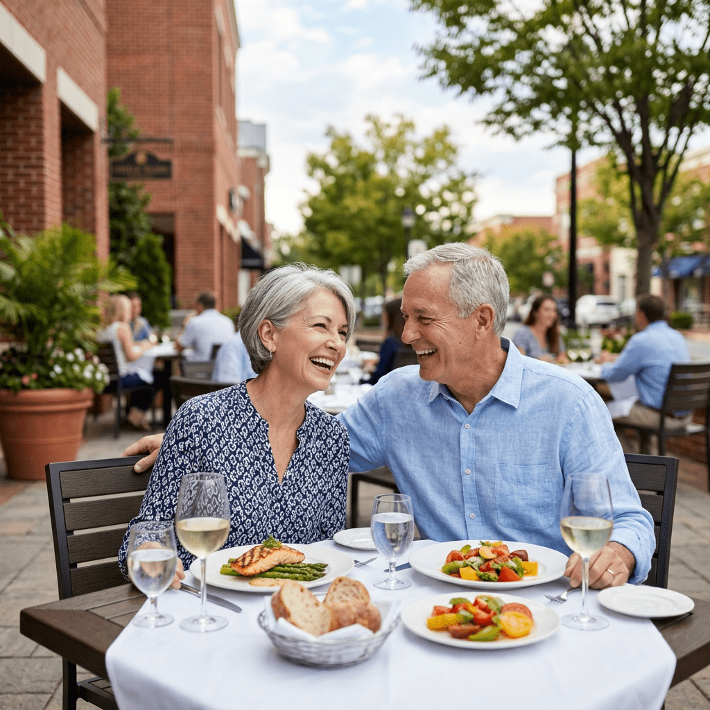 A happy senior couple enjoying a gourmet meal together at a restaurant.